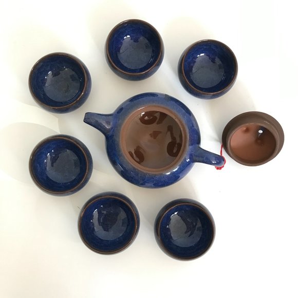 Asian Blue Ice Crackle Glazed Terracotta Teapot and Tea Cup Set - 7 Pieces - Picture 3 of 11